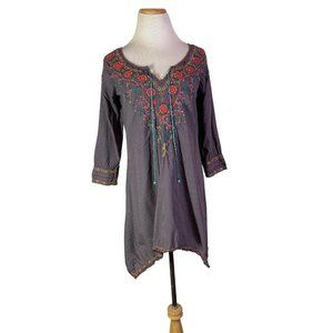 Johnny Was 3J Workshop Size S Purple-Grey Tunic Top Embroidered Tie Front *Flaw